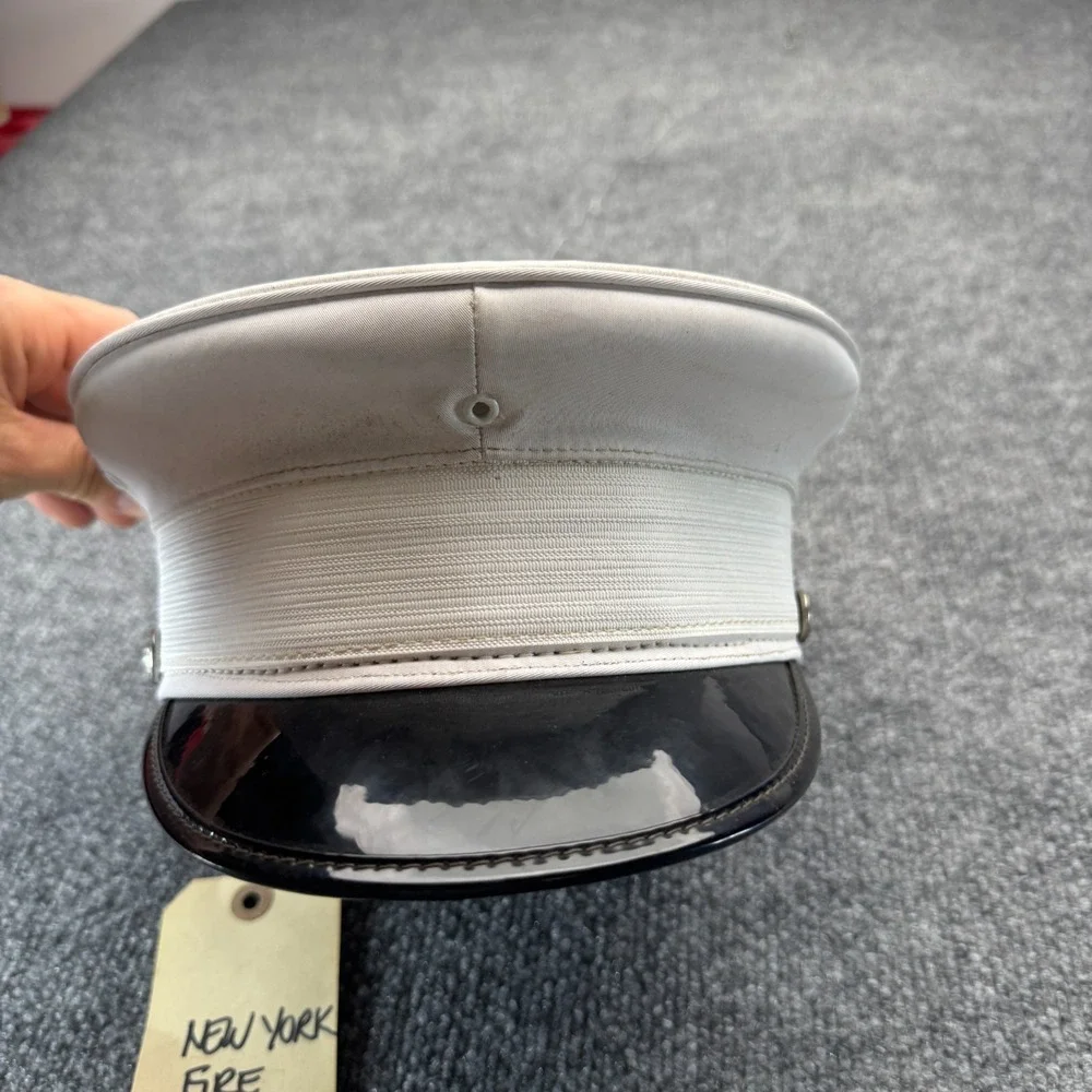 Vintage Fire Department Officer Dress Hat Cap White Bell Crown Black Visor 7 1/4